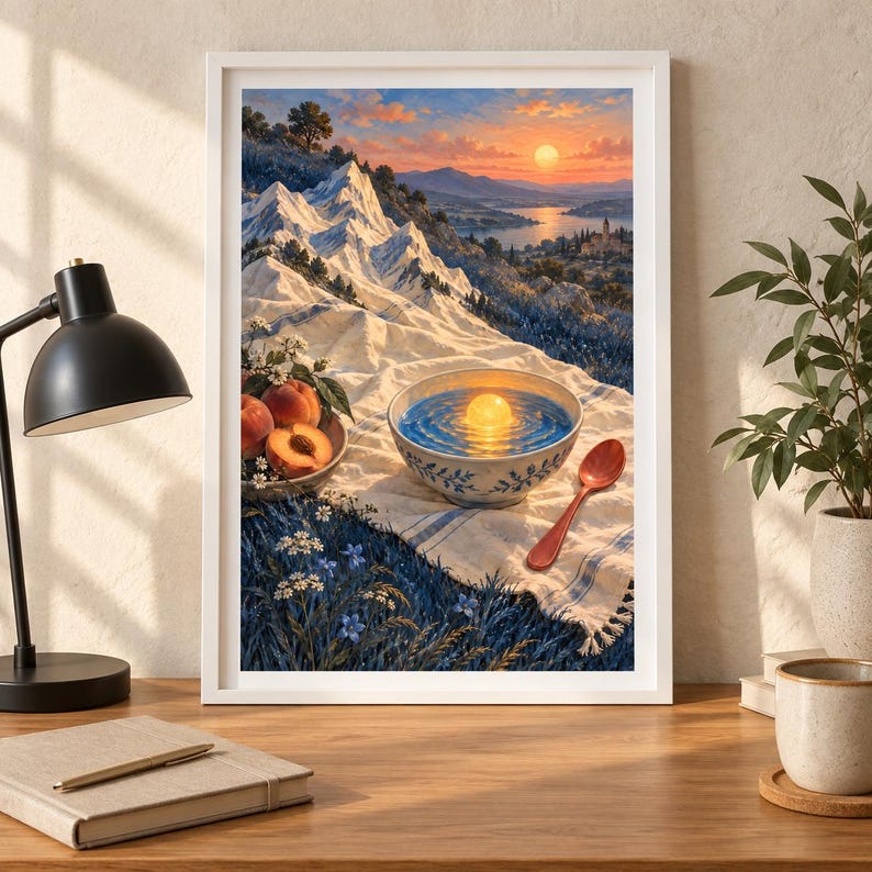 Puede incluir: Una l&aacute;mina de arte enmarcada que muestra un paisaje con monta&ntilde;as nevadas, una puesta de sol sobre un lago y una escena de picnic en primer plano con un cuenco de agua, una esfera brillante, melocotones y una cuchara roja sobre un pa&ntilde;o.