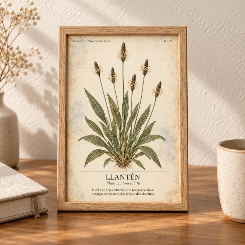 Op de afbeelding: Een ingelijste botanische print met een gedetailleerde illustratie van de Plantago lanceolata plant met groene bladeren en slanke stengels. De tekst bevat LLANT&Eacute;N, Plantago lanceolata, en een Spaanstalige beschrijving op een cr&egrave;mekleurige achtergrond.