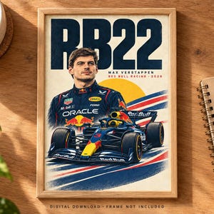 Pu&ograve; includere: Un poster incorniciato con un ritratto di Max Verstappen in uniforme Red Bull Racing sopra un'auto di Formula 1. Il testo recita RB22, Max Verstappen e Red Bull Racing 2026. Il design include un sole giallo e strisce rosse e blu.