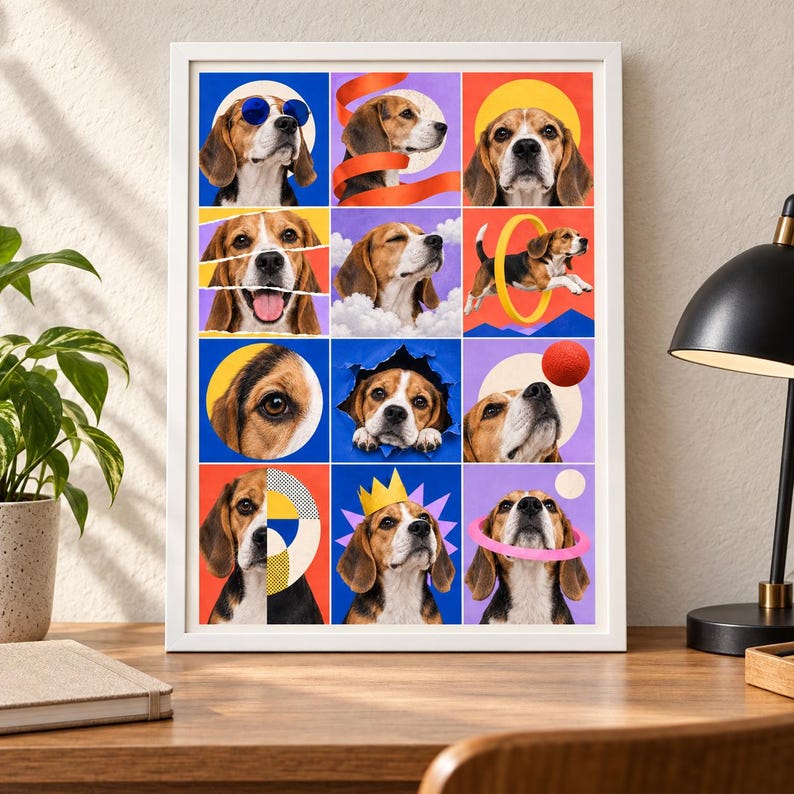Puede incluir: Una impresi&oacute;n de arte mural enmarcada que presenta una cuadr&iacute;cula de doce paneles coloridos, cada uno con un perro beagle en varias poses y entornos, incluyendo con gafas de sol azules, una corona amarilla, saltando un aro y formas geom&eacute;tricas.