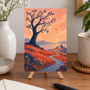 Op de afbeelding: Een rechthoekige kunstdruk op een kleine houten ezel met een landschap met een donkerblauwe boom die witte enveloppen als bladeren draagt. Een kronkelend stenen pad leidt naar een klein huis bij een meer onder een oranje en roze zonsondergang.