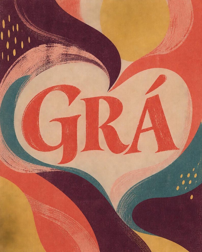May include: A graphic art print featuring the word GR&Aacute; in bold red serif lettering centred within a heart shape. The design incorporates flowing abstract shapes in shades of deep purple, muted orange, teal, and yellow with small dotted accents.