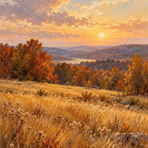 May include: An oil painting of an autumn landscape featuring a golden field of tall grass in the foreground, a dense forest with orange and red foliage in the mid-ground, and a distant lake under a sunset sky with soft clouds and warm light.