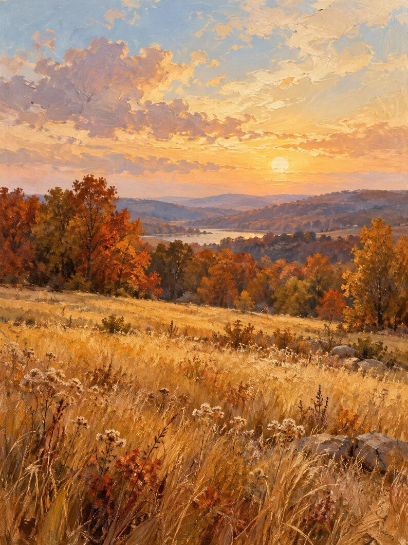 May include: An oil painting of an autumn landscape featuring a golden field of tall grass in the foreground, a dense forest with orange and red foliage in the mid-ground, and a distant lake under a sunset sky with soft clouds and warm light.