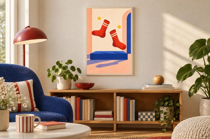 May include: A framed wall art print featuring a graphic illustration of two red socks with white stripes floating above a solid blue rectangular platform, set against a light peach background with yellow circles and blue archway elements.