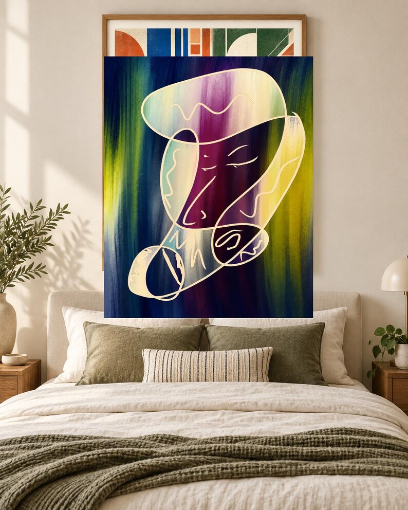 May include: A rectangular wall art piece featuring a central abstract face outlined in white lines against a vertical gradient background of deep blue, purple, and bright yellow. The composition includes stylized facial features and geometric shapes.