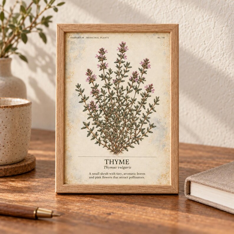 May include: A framed botanical print featuring a detailed illustration of a thyme plant with green leaves and small pink flowers. The text reads HERBARIUM MEDICINAL PLANTS, THYME, Thymus vulgaris, and a description of the plant shrub.