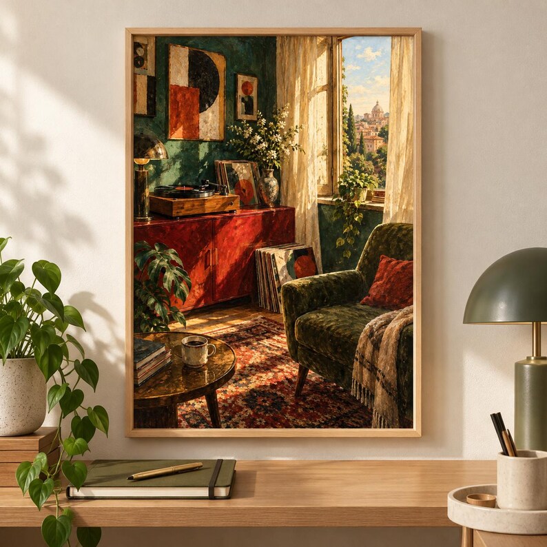 May include: A framed wall art print depicting a sunlit interior scene with a green velvet armchair, a red cabinet holding a record player, a round coffee table, and a window view of a distant city skyline, all rendered in a warm, painterly style.