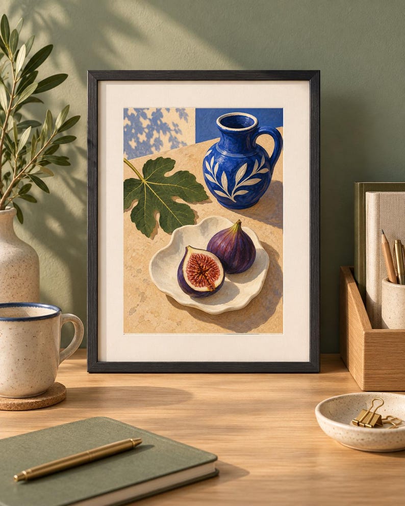 May include: A framed art print featuring a still life painting of a vibrant blue ceramic pitcher with white leaf patterns, a single green fig leaf, and two figs on a scalloped white plate, all set against a warm, sunlit stone surface.