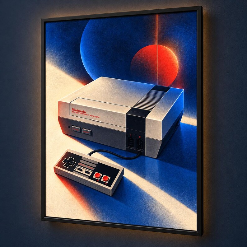 May include: A framed wall art print featuring a Nintendo Entertainment System console and a rectangular controller. The console is grey and black with red text. The background displays a stylized blue and orange cosmic scene with circular shapes.