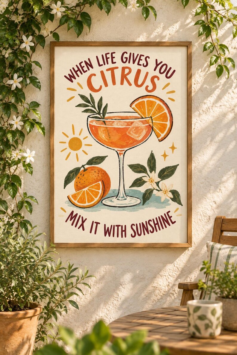 May include: A framed wall art print featuring a cocktail glass filled with an orange liquid, ice cubes, and an orange slice garnish. The text reads, "WHEN LIFE GIVES YOU CITRUS MIX IT WITH SUNSHINE." Includes illustrations of a whole orange and blossoms.