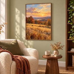 May include: A rectangular framed wall art print depicting a landscape at sunset with golden fields, autumn-colored trees, and a distant lake under a soft, cloudy sky. The artwork features warm orange, yellow, and brown tones throughout the scene.