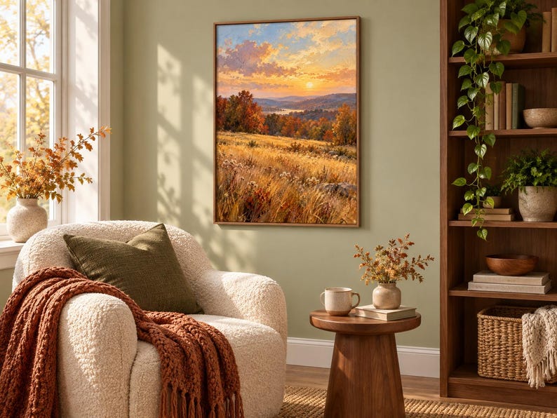 May include: A rectangular framed wall art print depicting a landscape at sunset with golden fields, autumn-colored trees, and a distant lake under a soft, cloudy sky. The artwork features warm orange, yellow, and brown tones throughout the scene.