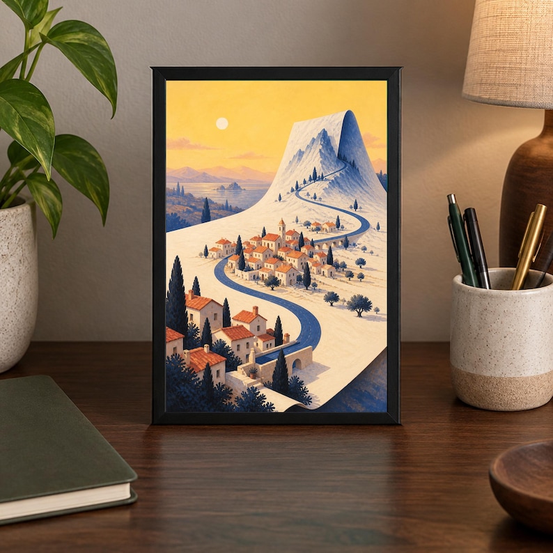 May include: A framed vertical art print depicting a Mediterranean-style village with terracotta-roofed buildings nestled at the base of a large, snow-capped mountain. A winding blue road leads through the town toward the peak under a golden sky.