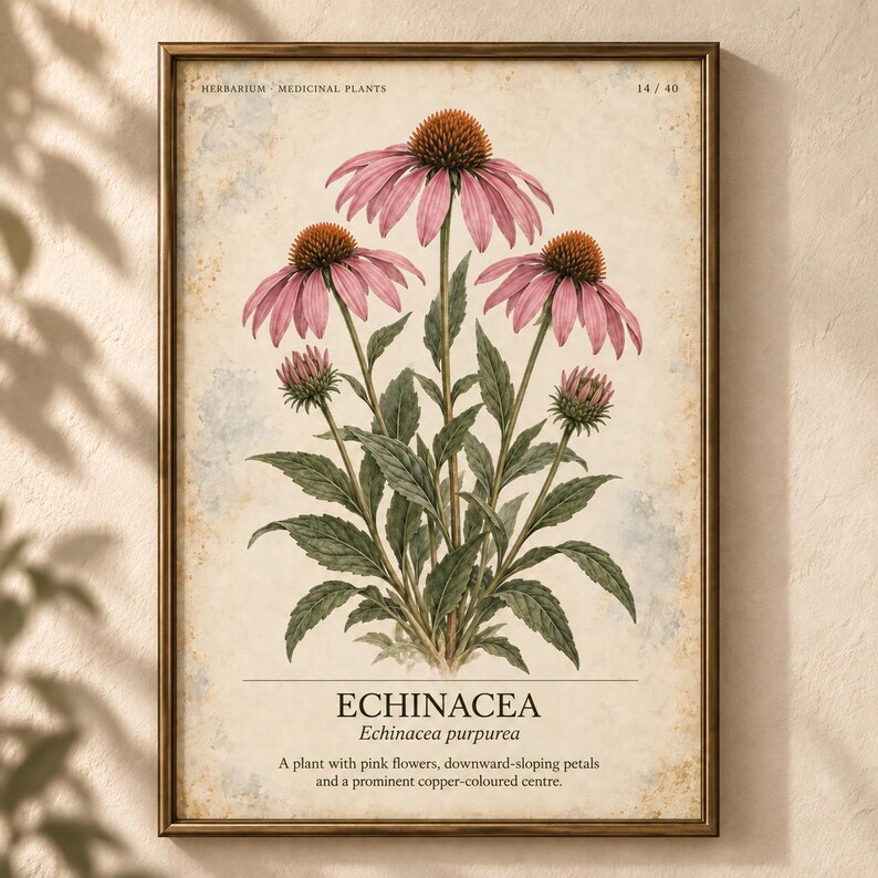 May include: A framed botanical print featuring an illustration of Echinacea purpurea with pink flowers, downward-sloping petals, and copper-coloured centres. The text reads HERBARIUM MEDICINAL PLANTS 14/40, ECHINACEA, Echinacea purpurea, and a description.