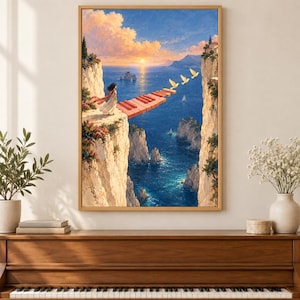 May include: A framed wall art print depicting a surreal coastal landscape with a person in a white dress standing on a cliff edge. A piano keyboard extends as a bridge over the blue ocean towards another cliff. Three white birds fly above the water.
