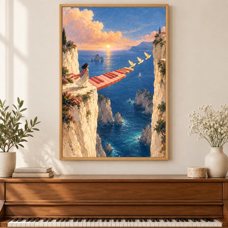 May include: A framed wall art print depicting a surreal coastal landscape with a person in a white dress standing on a cliff edge. A piano keyboard extends as a bridge over the blue ocean towards another cliff. Three white birds fly above the water.