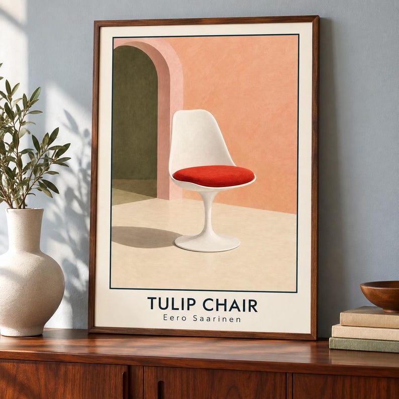 May include: A framed art print featuring a white Tulip chair with a red seat cushion set against a peach-colored wall with an arched doorway. The text TULIP CHAIR Eero Saarinen is printed in black at the bottom of the cream-colored background.
