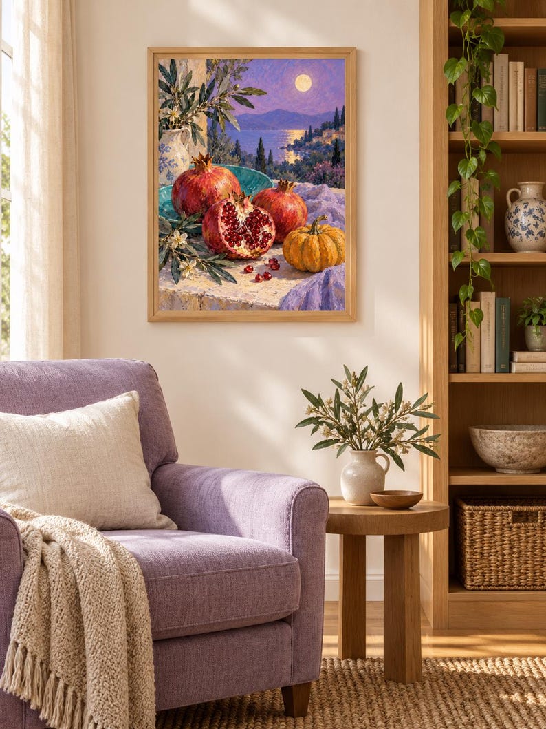 Op de afbeelding: Een ingelijste kunstdruk met een stilleven van granaatappels, een kleine pompoen en witte bloemen op een stenen richel, tegen een achtergrond van een kustlandschap met een volle maan boven een kalme zee en verre heuvels.