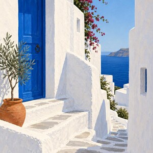 Puede incluir: Una pintura de una puerta azul brillante en un edificio de estuco blanco con escalones de piedra. Una maceta de terracota con un peque&ntilde;o olivo se encuentra en los escalones. Flores de buganvilla rosa cuelgan arriba, con vista al mar azul.