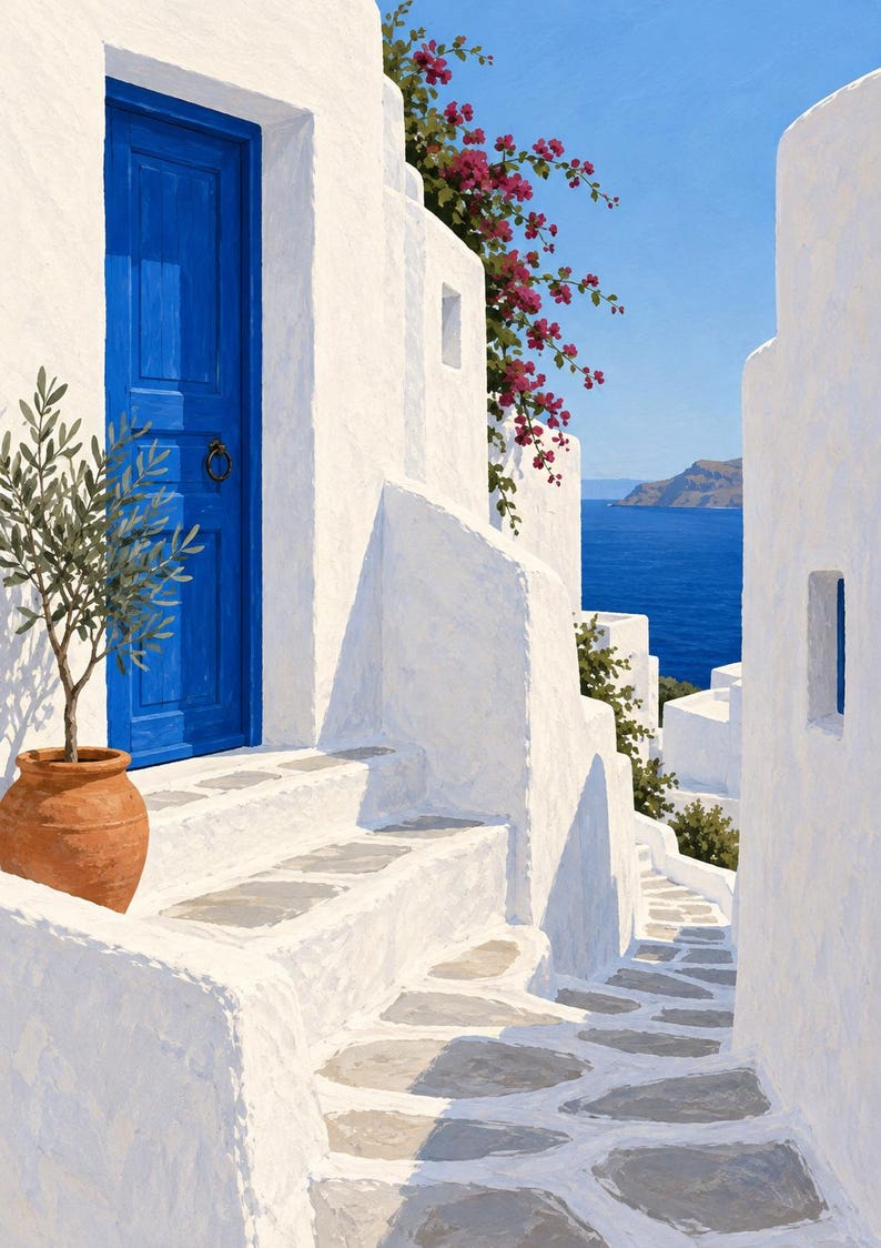 Puede incluir: Una pintura de una puerta azul brillante en un edificio de estuco blanco con escalones de piedra. Una maceta de terracota con un peque&ntilde;o olivo se encuentra en los escalones. Flores de buganvilla rosa cuelgan arriba, con vista al mar azul.