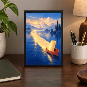 Op de afbeelding: Een ingelijste kunstdruk met een rode roeiboot op een diepblauw meer. In de boot staat een grote, rechtopstaande rol lichtgekleurd papier. De sc&egrave;ne toont een gouden pad van zonlicht dat op het water reflecteert richting besneeuwde bergen.