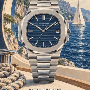 Op de afbeelding: Een roestvrijstalen Patek Philippe Nautilus polshorloge met een blauwe wijzerplaat met horizontale strepen, zilverkleurige wijzers en een datumvenster op de drie-uurpositie. Het horloge heeft een metalen schakelarmband en de tekst Patek Philippe Nautilus 1976.