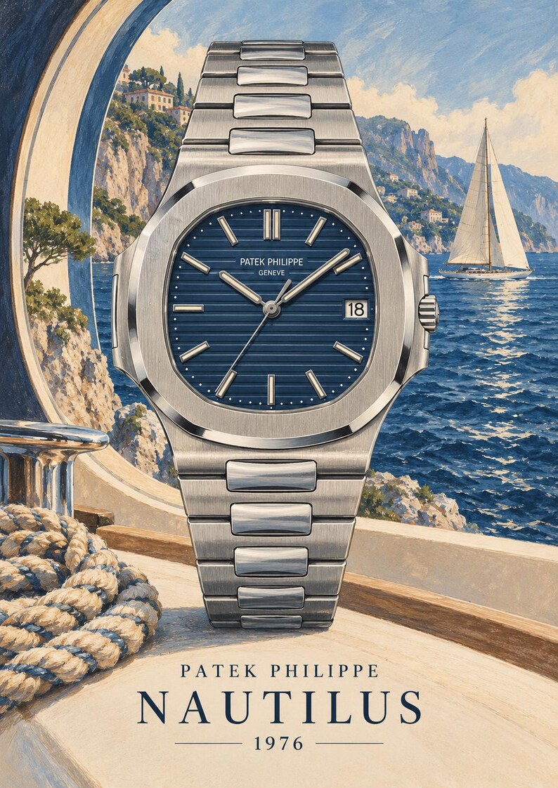 Op de afbeelding: Een roestvrijstalen Patek Philippe Nautilus polshorloge met een blauwe wijzerplaat met horizontale strepen, zilverkleurige wijzers en een datumvenster op de drie-uurpositie. Het horloge heeft een metalen schakelarmband en de tekst Patek Philippe Nautilus 1976.
