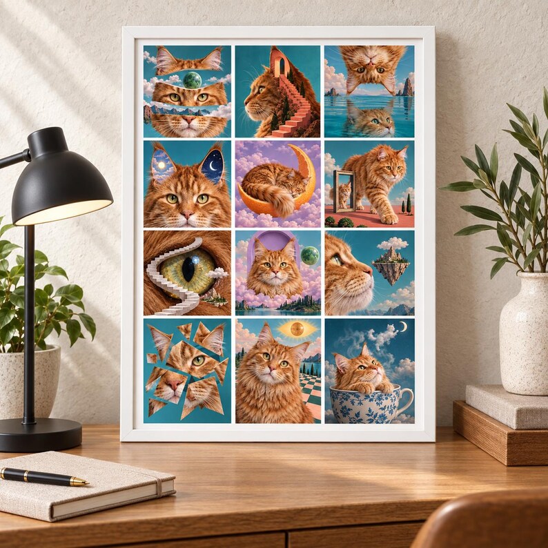 May include: A framed wall art print featuring a grid of twelve surreal illustrations of orange tabby cats. The artwork depicts cats in various dreamlike scenarios, including sitting on a crescent moon, inside a teacup, and near floating islands.