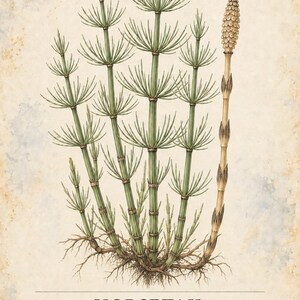 May include: A botanical illustration of a horsetail plant, Equisetum arvense, featuring green jointed stems with whorled branches and a single brown fertile stalk. The text reads HERBARIUM MEDICINAL PLANTS 18 / 40, HORSETAIL, and Equisetum arvense.
