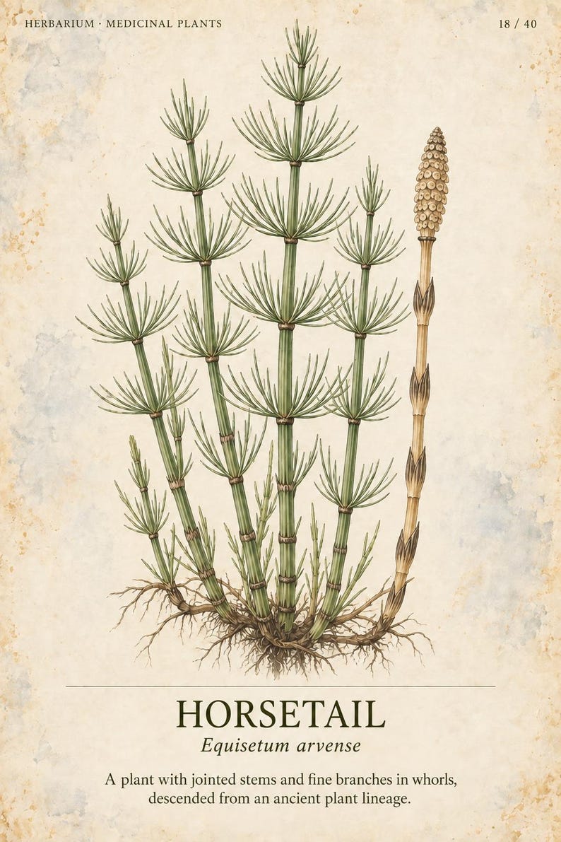 May include: A botanical illustration of a horsetail plant, Equisetum arvense, featuring green jointed stems with whorled branches and a single brown fertile stalk. The text reads HERBARIUM MEDICINAL PLANTS 18 / 40, HORSETAIL, and Equisetum arvense.