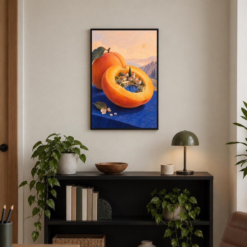 May include: A framed wall art print featuring a surreal painting of a large, halved orange resting on a deep blue surface. Inside the hollowed-out center of the orange, a miniature Mediterranean village with stone buildings sits beside a blue lake.