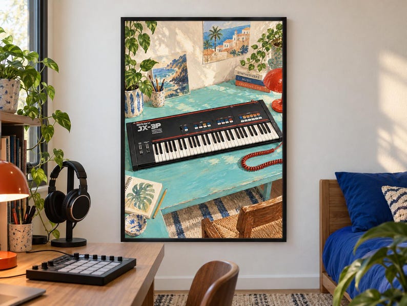 May include: A framed wall art print depicting a black Roland JX-3P synthesiser resting on a bright turquoise desk. The scene includes a red coiled cable, a potted plant, a small painting of a coastal landscape, and a stack of books on the desk.