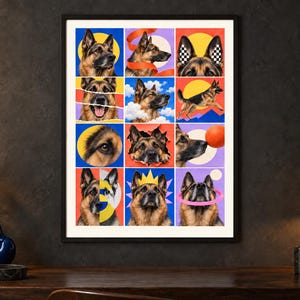May include: A framed wall art print featuring a grid of twelve distinct panels, each showcasing a German Shepherd dog in various artistic styles, poses, and vibrant color backgrounds, including geometric shapes, clouds, and abstract graphic elements.