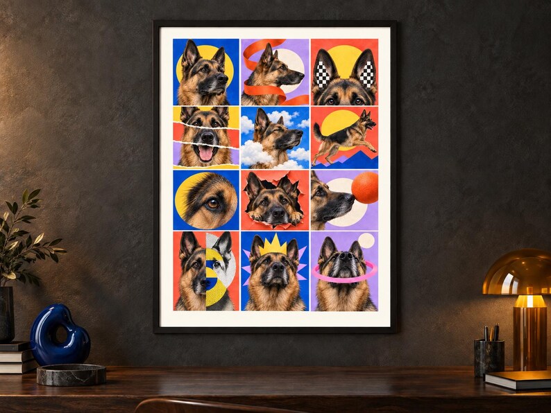May include: A framed wall art print featuring a grid of twelve distinct panels, each showcasing a German Shepherd dog in various artistic styles, poses, and vibrant color backgrounds, including geometric shapes, clouds, and abstract graphic elements.