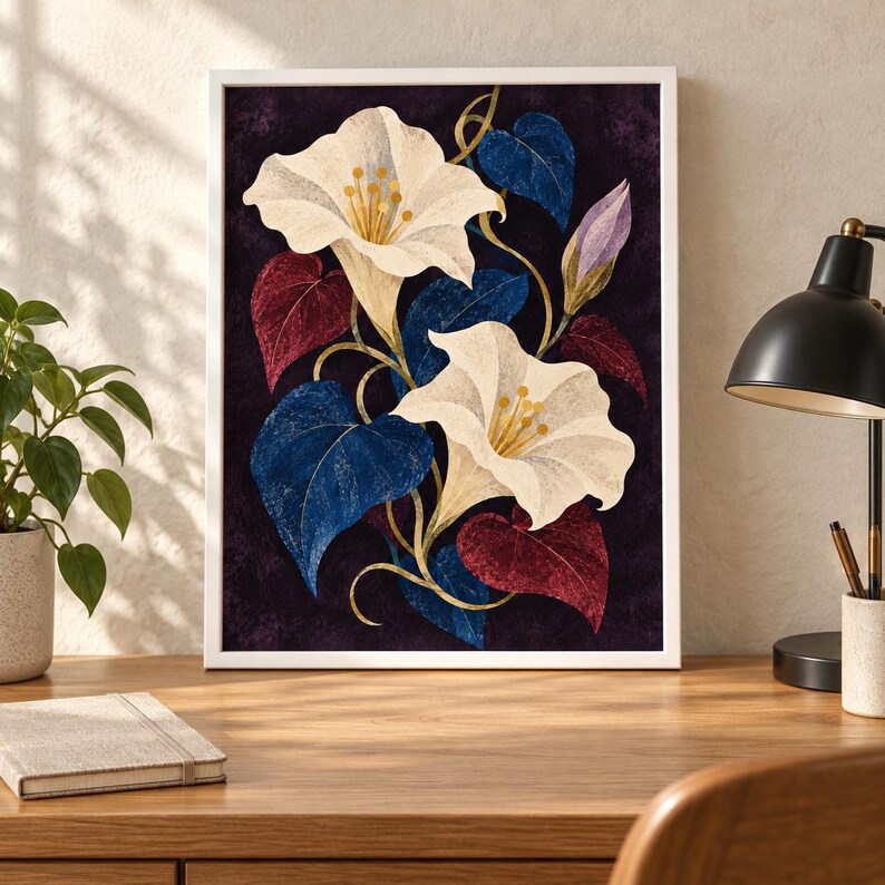 Puede incluir: Una l&aacute;mina de arte enmarcada que muestra dos grandes flores de color crema en forma de trompeta con centros amarillos. El arreglo floral incluye hojas azul profundo y rojo oscuro, tallos dorados y un capullo morado sobre un fondo oscuro.