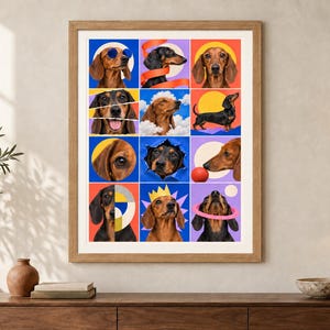 Puede incluir: Una l&aacute;mina de arte enmarcada que presenta una cuadr&iacute;cula de doce cuadrados coloridos, cada uno con una fotograf&iacute;a o ilustraci&oacute;n diferente de un perro salchicha. Los perros aparecen en varias poses, algunos con accesorios como gafas de sol o una corona.