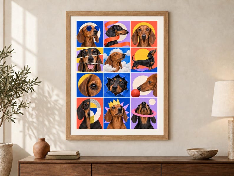 Puede incluir: Una l&aacute;mina de arte enmarcada que presenta una cuadr&iacute;cula de doce cuadrados coloridos, cada uno con una fotograf&iacute;a o ilustraci&oacute;n diferente de un perro salchicha. Los perros aparecen en varias poses, algunos con accesorios como gafas de sol o una corona.