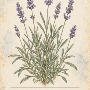 May include: A botanical illustration of a lavender plant with violet flower spikes and narrow green leaves on a textured beige background. The text reads HERBARIUM MEDICINAL PLANTS 01 / 40, LAVENDER, Lavandula angustifolia, and a descriptive sentence.