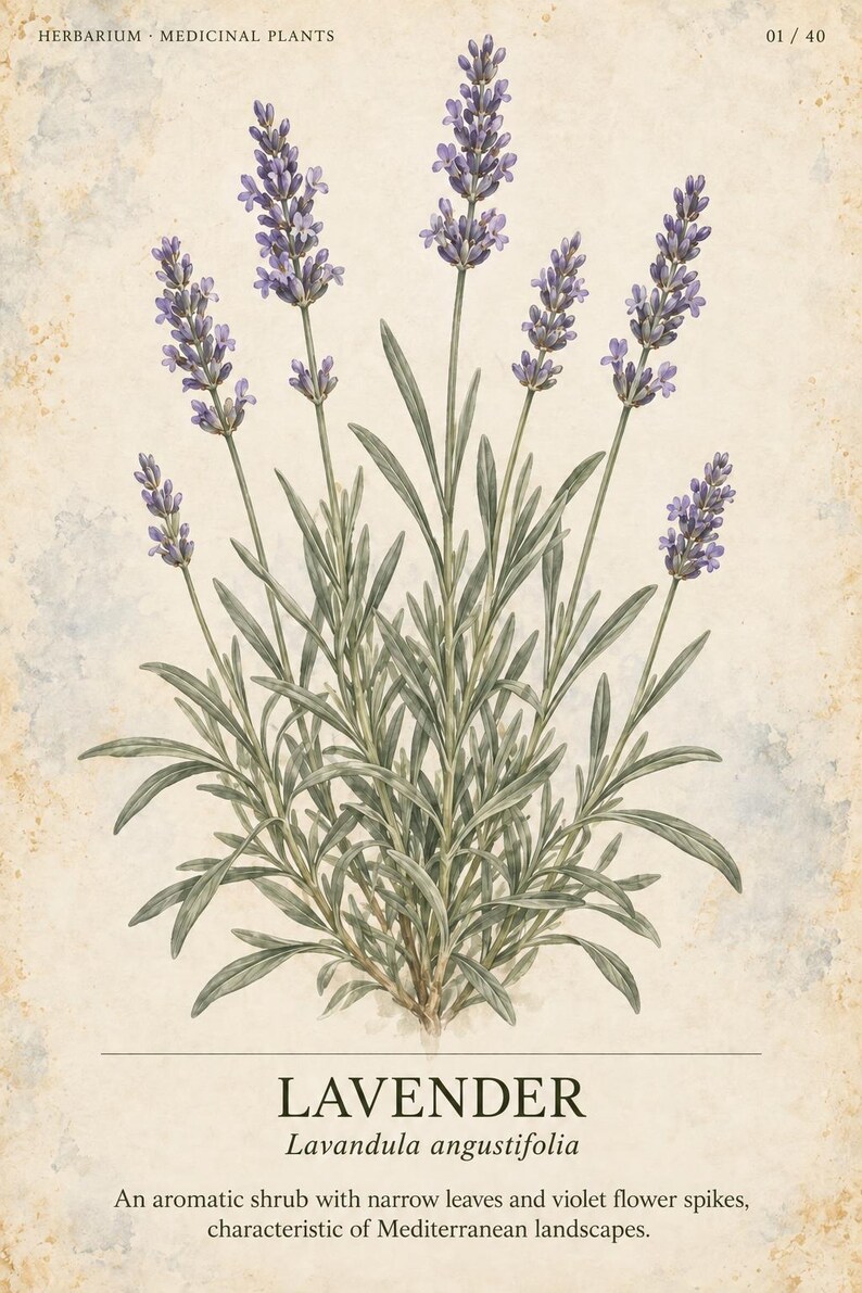 May include: A botanical illustration of a lavender plant with violet flower spikes and narrow green leaves on a textured beige background. The text reads HERBARIUM MEDICINAL PLANTS 01 / 40, LAVENDER, Lavandula angustifolia, and a descriptive sentence.