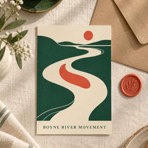 May include: A rectangular art print featuring a stylized landscape with a winding cream-colored river, dark green hills, and a solid red sun. The text "BOYNE RIVER MOVEMENT" is printed in dark green capital letters at the bottom of the print.