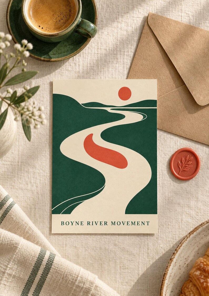 May include: A rectangular art print featuring a stylized landscape with a winding cream-colored river, dark green hills, and a solid red sun. The text "BOYNE RIVER MOVEMENT" is printed in dark green capital letters at the bottom of the print.