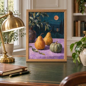 May include: A framed oil painting depicting a still life scene with two golden pears and a small green pumpkin resting on a purple surface. A dark vase with leafy branches stands beside the fruit, set against a night landscape with a full moon.