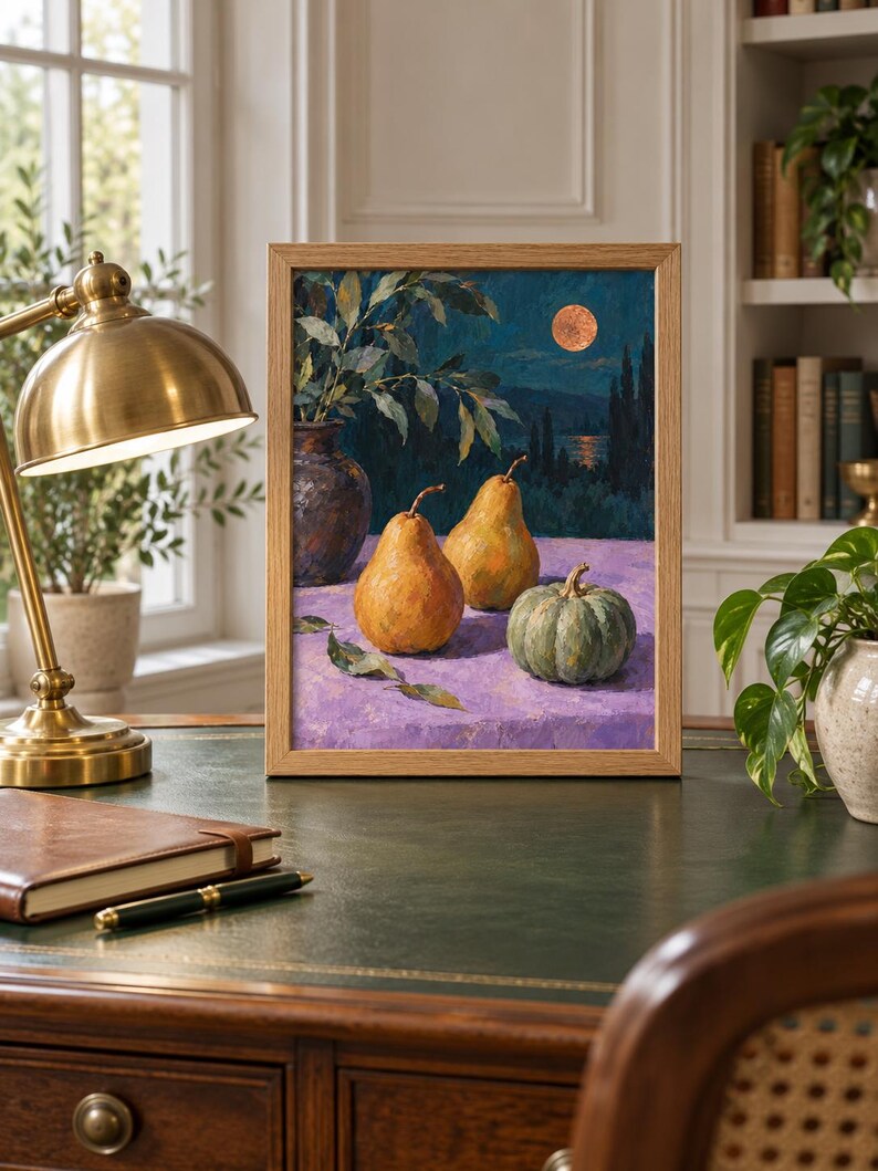 May include: A framed oil painting depicting a still life scene with two golden pears and a small green pumpkin resting on a purple surface. A dark vase with leafy branches stands beside the fruit, set against a night landscape with a full moon.