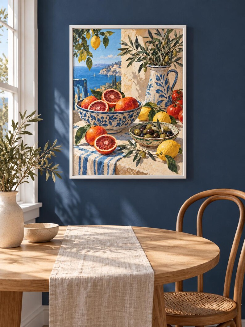 Op de afbeelding: Een ingelijste kunstdruk met een mediterrane sc&egrave;ne met een witte tafel met blauw-wit gedessineerde kommen gevuld met bloedsinaasappels, citroenen en olijven. Een blauw-witte kan met olijftakken staat in de buurt, uitkijkend over een kustzee.