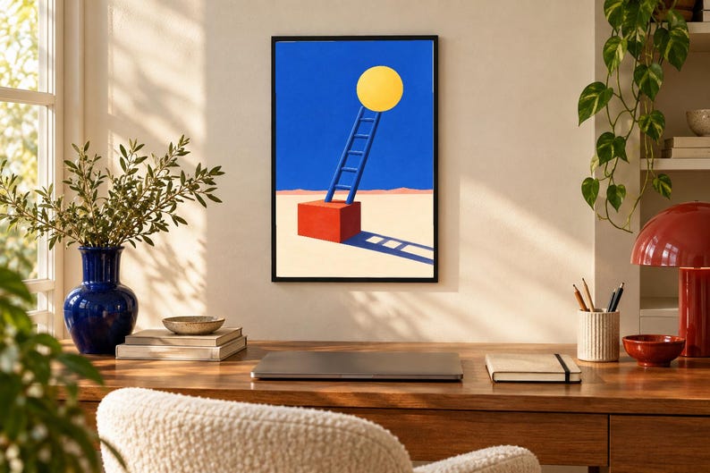 May include: A framed wall art print featuring a surrealist illustration of a blue ladder leaning against a large yellow circle, set atop a red cube on a beige ground against a solid blue sky, casting a long, dark shadow across the surface.