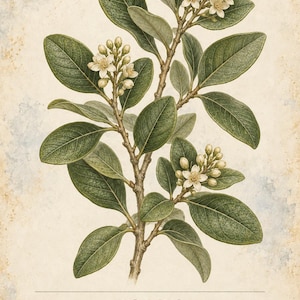 Op de afbeelding: Een botanische illustratie van de Boldo-plant, Peumus boldus, met donkergroene ovale bladeren en trossen kleine witte bloemen. De print bevat de tekst HERBARIO PLANTAS MEDICINALES 30 / 40, BOLDO, Peumus boldus en een Spaanstalige beschrijving.