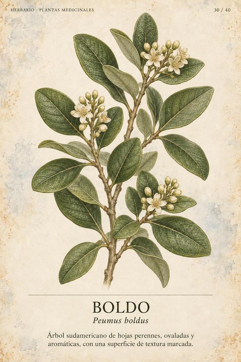 Op de afbeelding: Een botanische illustratie van de Boldo-plant, Peumus boldus, met donkergroene ovale bladeren en trossen kleine witte bloemen. De print bevat de tekst HERBARIO PLANTAS MEDICINALES 30 / 40, BOLDO, Peumus boldus en een Spaanstalige beschrijving.