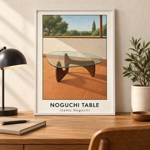 May include: A framed art print featuring a Noguchi table with a glass top and dark wood base, set on a terracotta tiled patio. The text NOGUCHI TABLE and Isamu Noguchi is printed at the bottom. The scene depicts a sunny outdoor terrace.
