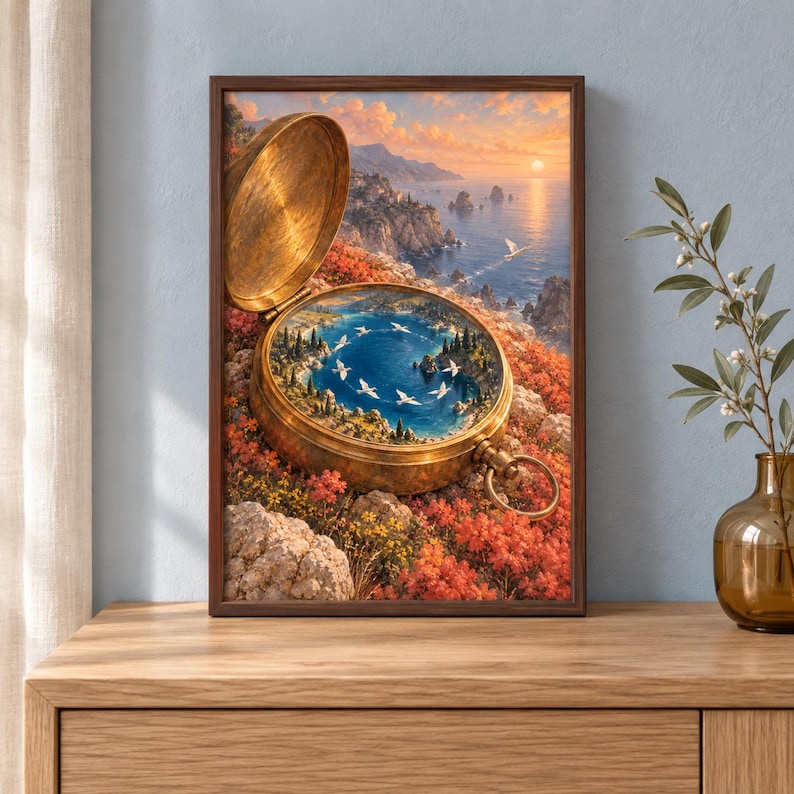 May include: A framed wall art print featuring an open brass pocket compass resting on a rocky cliffside covered in orange flowers. Inside the compass, a miniature coastal landscape with a blue bay and white birds is visible under a sunset sky.